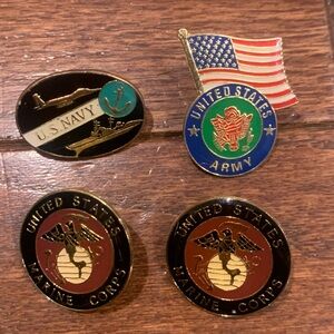 Lot of 4 Military Lapel Pins – US Navy, Army, Marine Corps Insignia Veteran Coll